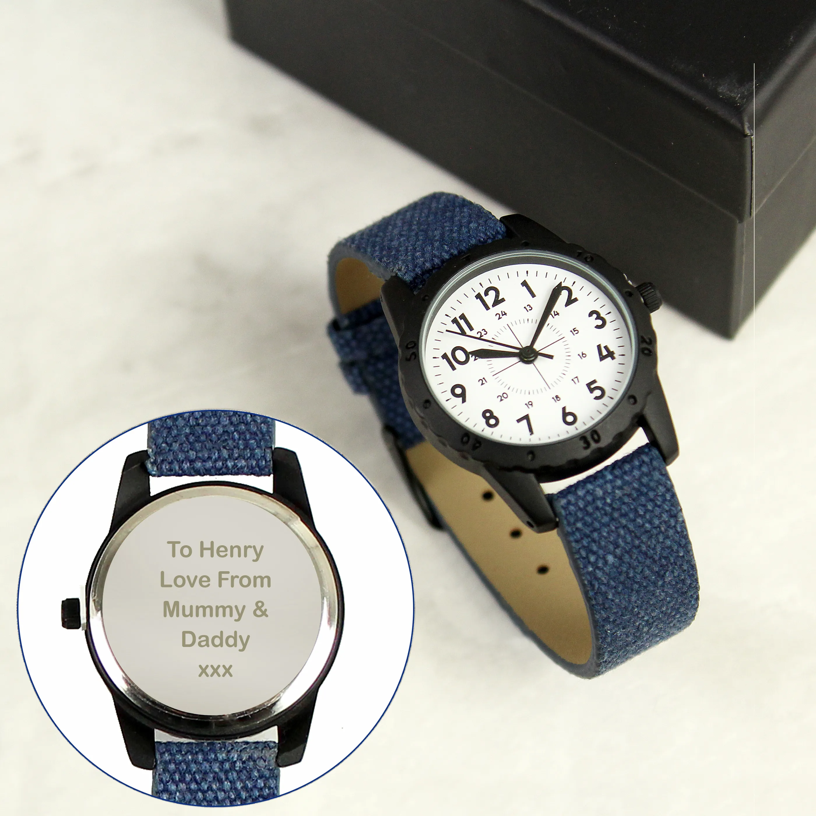 Personalised Boys Watch with Black & Blue Canvas Strap