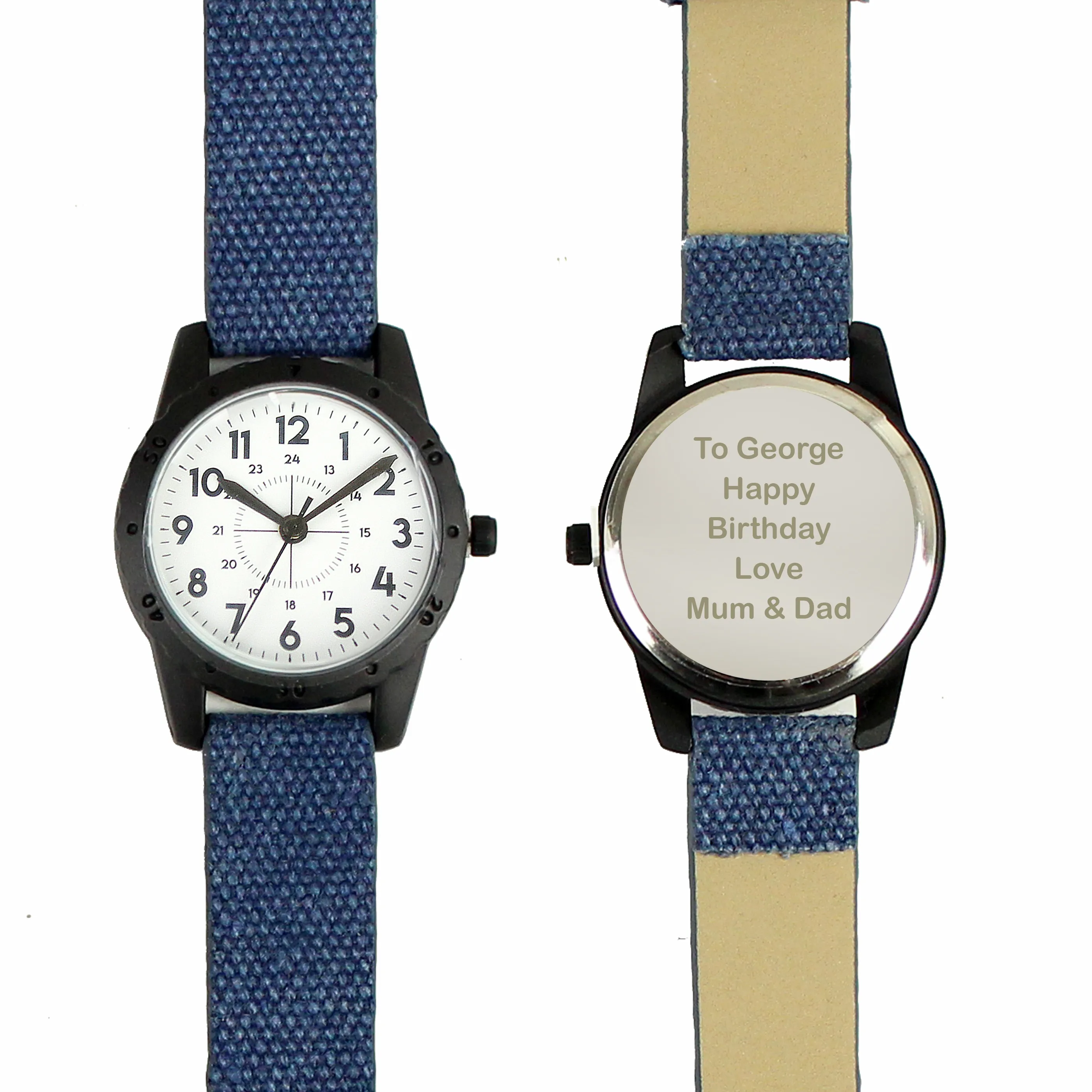 Personalised Boys Watch with Black & Blue Canvas Strap