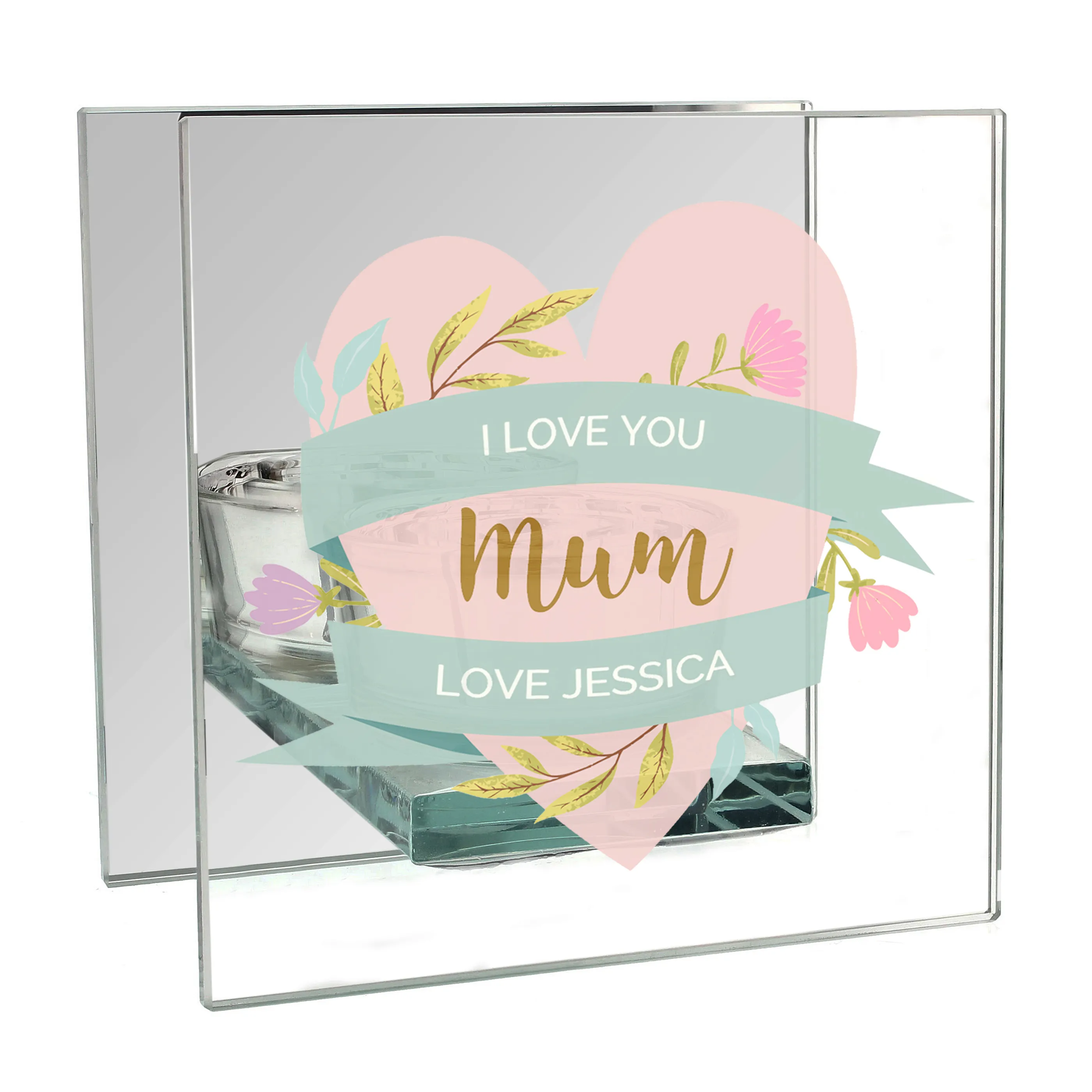 Personalised Floral Heart Mother’s Day Mirrored Glass Tea Light Holder