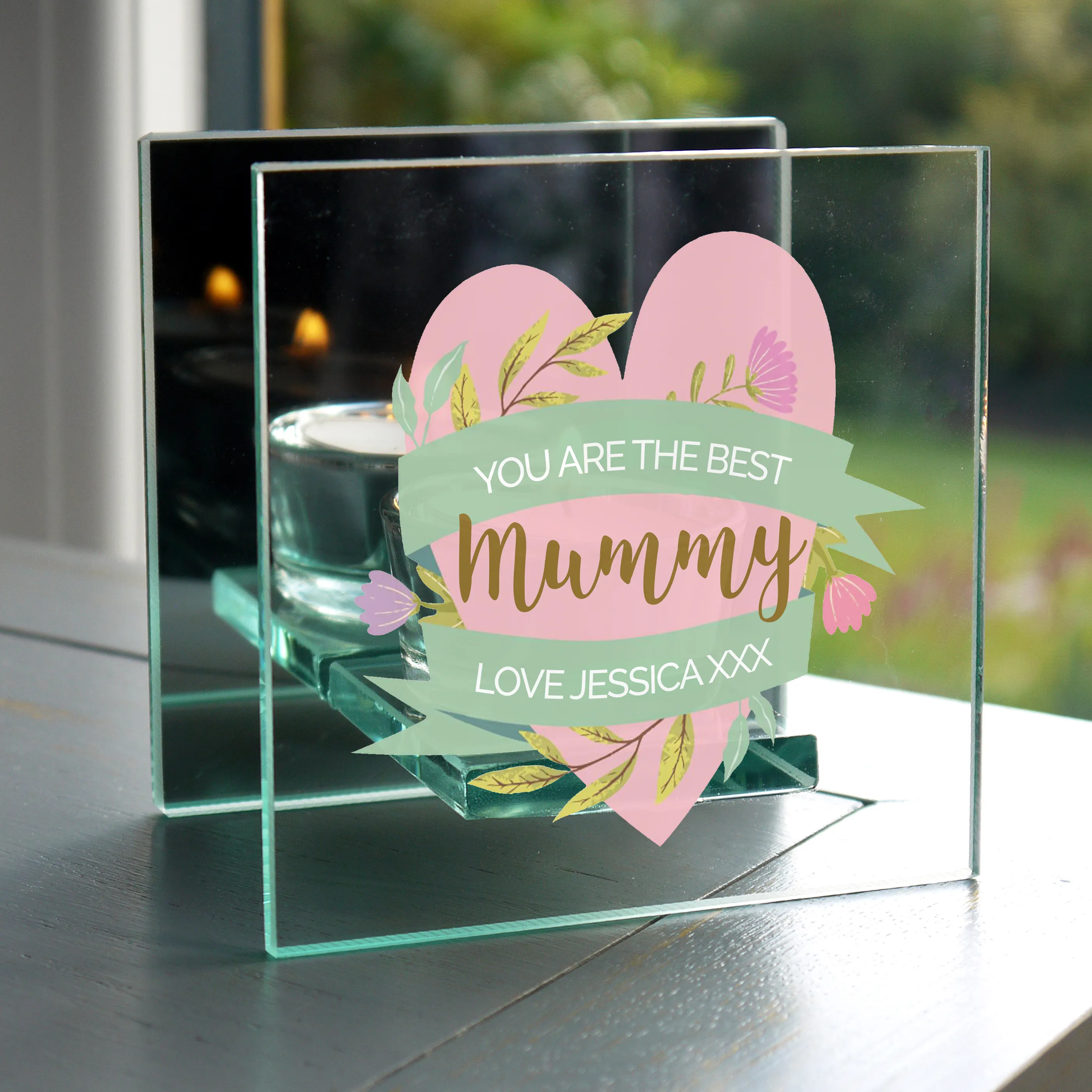 Personalised Floral Heart Mother’s Day Mirrored Glass Tea Light Holder