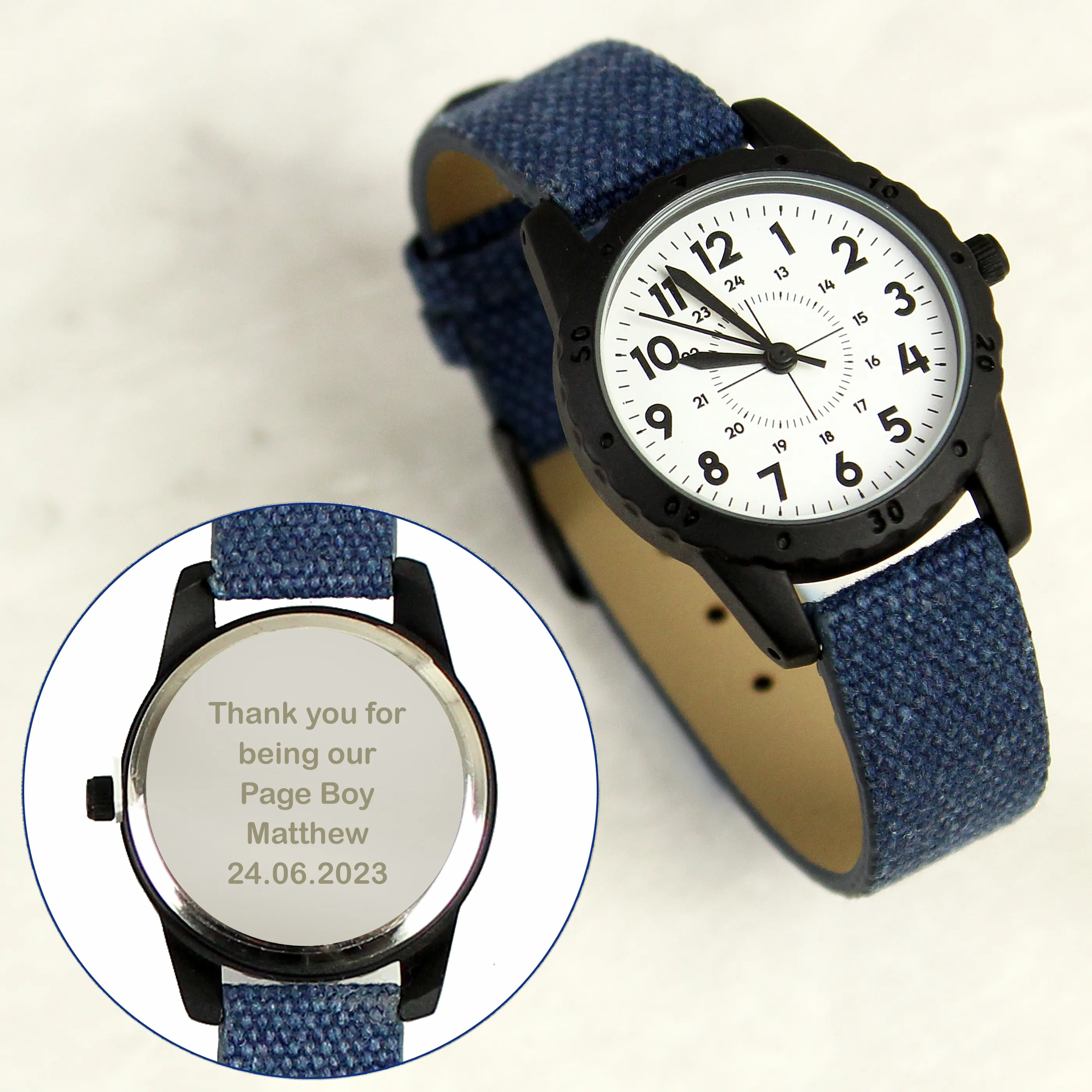 Personalised Boys Watch with Black & Blue Canvas Strap