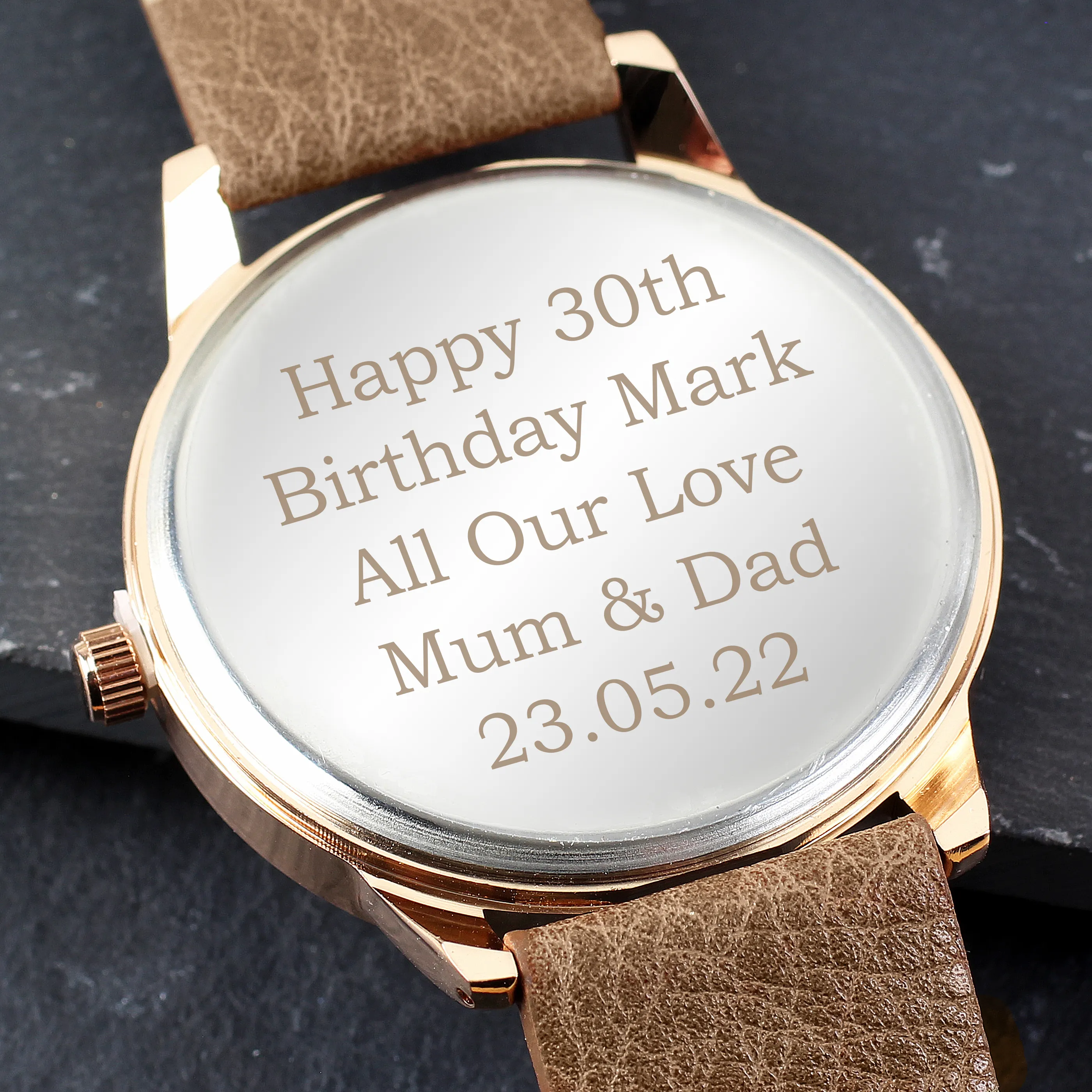 Personalised Men's Rose Gold Tone Watch with Brown Strap & Presentation Box