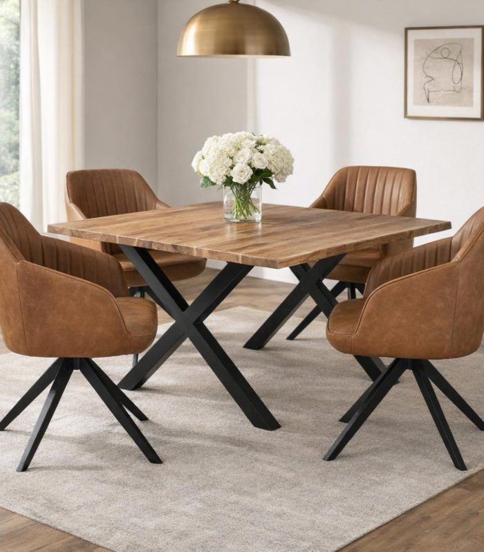 Uppsala Tan Chair with upholstered seat and black metal legs
