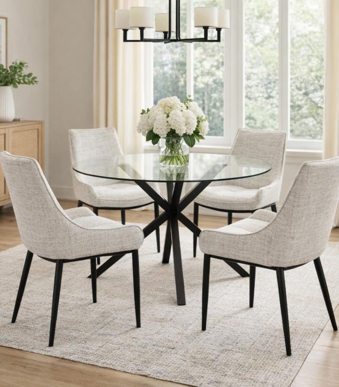 Monza Round Glass Dining Table with black geometric metal base