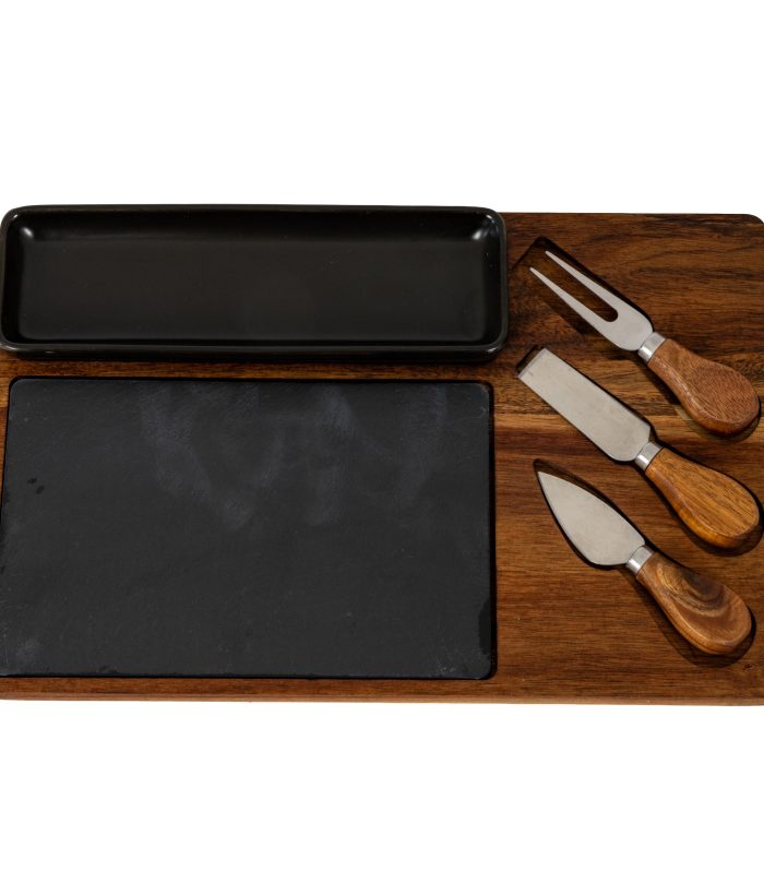 Acacia Cheese Board Set with black bowl, slate and cutlery