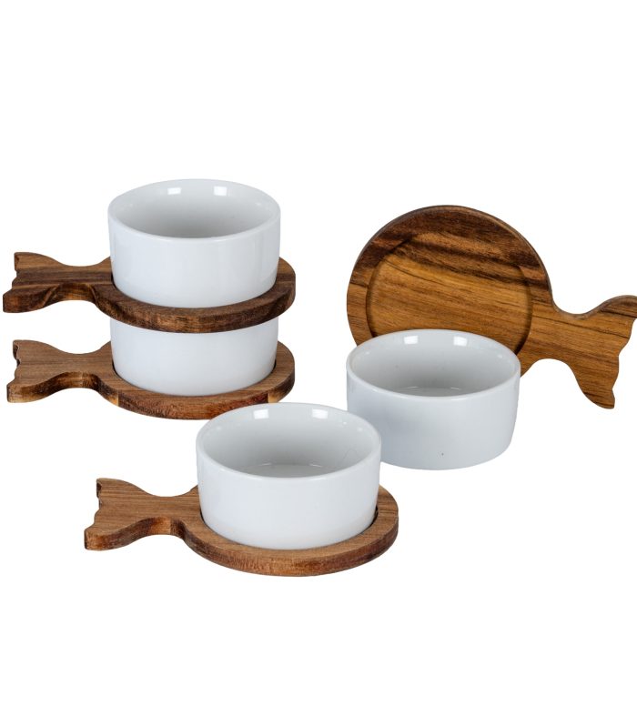Set of 4 Acacia Fishtail Serving Trays with Ceramic Bowls